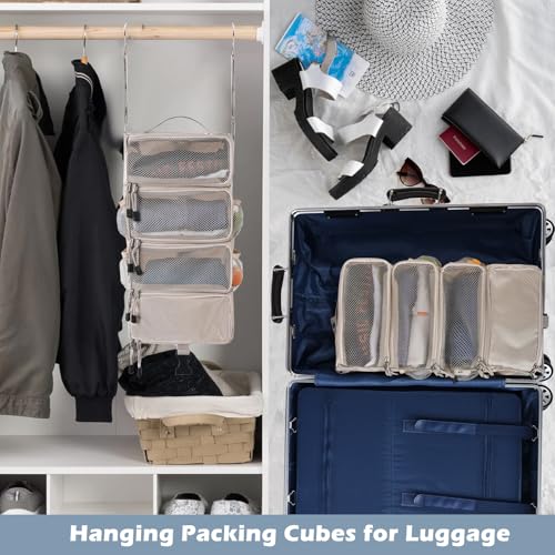 Surblue Hanging Travel Organizer Portable Hanging Luggage Organizer Multiple Compartments Collapsible Compression Closet Packing Cubes,Beige,S - color: Beige, size: Small