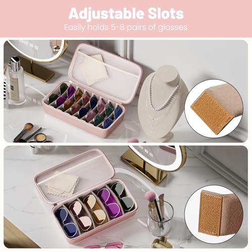 Travel Sunglasses Organizer, Hard Shell Sunglass Case Adjustable Slots for Multiple Sunglass Eyeglass Case - style: Pink + 8 Slots