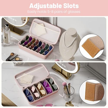 Travel Sunglasses Organizer, Hard Shell Sunglass Case Adjustable Slots for Multiple Sunglass Eyeglass Case - style: Pink + 8 Slots