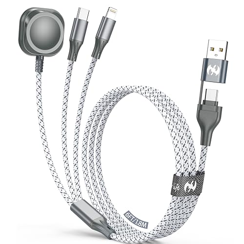 Multi Charging Cable for Apple Watch Charger 6FT, 3 in 1 Charging Cable USB A/C to Lightning Type C USB C Cord iWatch Magnetic Wireless Charger Wire for Apple iWatch iPhone Android Phone - color: Grey/Silver-6ft