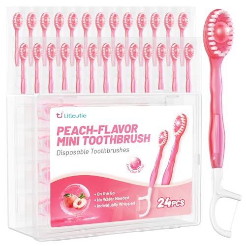 24 Pack 5-in-1 Disposable Toothbrushes, Peach Flavor | With Toothpaste, Floss, Pick & Tongue Scraper, Individually Wrapped, For Kids Adults - color: Peach Flavor, size: 1 Count (Pack of 24)