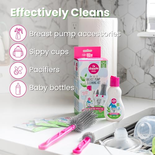 Dapple Breast Pump Cleaning Kit, 3 Baby Bottle Cleaning Brushes, Hypoallergenic & Powered by Plants, Removes Milk Residue, Leaves No Taste, 3oz Soap, 10ct Wipes 3 Cleaning Brushes