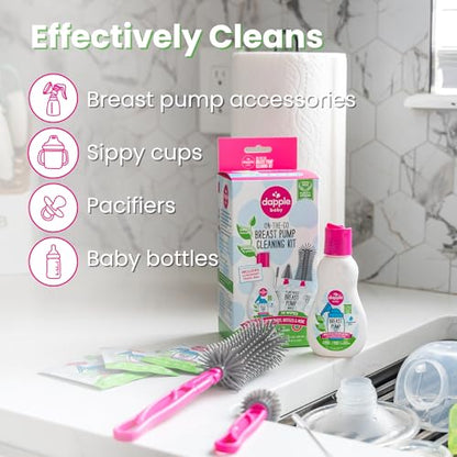 Dapple Breast Pump Cleaning Kit, 3 Baby Bottle Cleaning Brushes, Hypoallergenic & Powered by Plants, Removes Milk Residue, Leaves No Taste, 3oz Soap, 10ct Wipes 3 Cleaning Brushes
