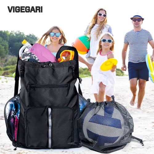 Large Beach Backpack Waterproof Sandproof - Customized Oversized Drawstring Pool Bag with Shoe Compartment for Toiletries, Towels, Gym, Travel - color: Black
