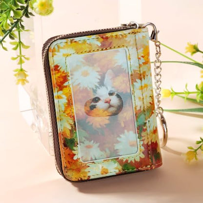 FurArt Zipper Wallet Women, RFID Blocking Credit Card Wallet, Business Card Holder, Compact Size KeyChain Wallet - color: Daisies and Cat
