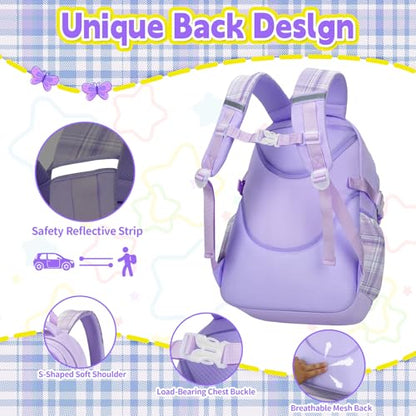 Girls Backpack with Lunch Box Set, 5pc Purple Cute Kawaii Bookbag for Teens, Aesthetic School Backpack for Elementary - color: Purple