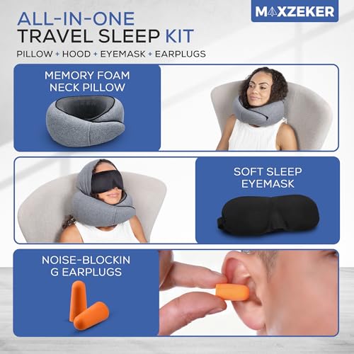 Travel Neck Pillows for Airplanes – Sleep Comfortably on Long Flights, Roadtrips, Home or Office. All-in-One Travel Sleep Kit with Hood, Eyemask and Earplugs