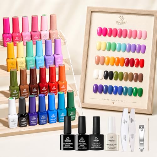 Beetles Summer Gel Nail Polish - Seasons Impressions Collection, 25 Colors Bright Gel Polish White Red Pink Nude Green Purple Blue 4th of Julu Nails Glossy Matte Glitter Top Base Coat Gifts for Women - color: Seasons Impressions Color Bottle Gel