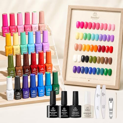 Beetles Summer Gel Nail Polish - Seasons Impressions Collection, 25 Colors Bright Gel Polish White Red Pink Nude Green Purple Blue 4th of Julu Nails Glossy Matte Glitter Top Base Coat Gifts for Women - color: Seasons Impressions Color Bottle Gel
