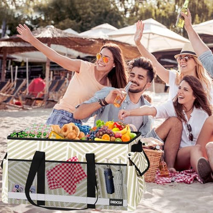 Extra Large Utility Tote Bag with Reflective Strip, Standing Reusable Grocery Bags with Hard Bottom, Collapsible Utility Tote with Handles for Shopping, Beach, Picnics, Car, Striped Gray - color: Twill Gray