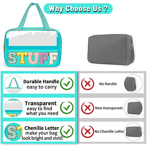 Preppy Clear Stuff Makeup Bags with Chenille Letter Patches, Travel Essentials Large Clear Make up Bag Zipper Pouch with Handle, Waterproof Nylon Cosmetic Toiletry Storage Tote for Women (STUFF-Green) - color: STUFF-Green