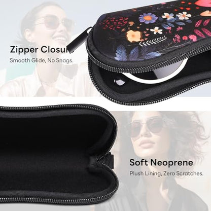 Sunglasses Case with Belt Clip, Ultra Light Neoprene Zipper Soft Padded Glasses Case for Women Men - color: Night Flower