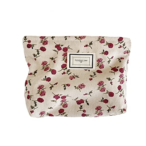 SxoSyo Floral Cosmetic Bags, Corduroy Makeup Bag for Purse, Beige Rose | Purse Organizer Pouches, Travel Toiletry Zipper Pouch, Make up Brushes Bag - color: Beige, style: Rose