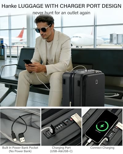Hanke 28 Inch Expandable Checked Luggage with Cup Holder and Charger Port, Top Opening Hard Shell Large Suitcases with Wheel, Big Travel Rolling Suitcase Trunk Luggage with Lock,Jet Black - color: Jet Black, size: Expandable 28 Inch
