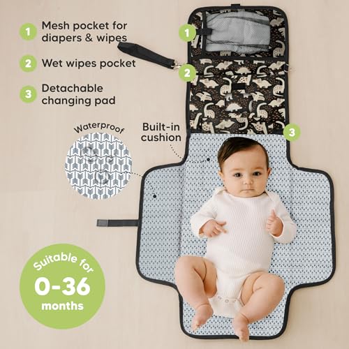 KeaBabies Portable Diaper Changing Pad, Travel, Car - Large Waterproof Baby Changing Mat, Wipeable, Padded, On The Go Travel Diaper Clutch Bag, Easy to Use Pockets for Newborn Essentials (Dino Ridge) - color: Dino Ridge