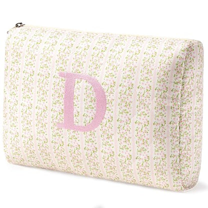 HBselect Initial Quilted Makeup Bag, Pink Cosmetic Travel Toiletry Bag, Flowers Coquette Zipper Make Up Pouch Organizer Teen Girl Gift Trendy Stuff D - color: 1Pc Medium Pinkflower, style: D
