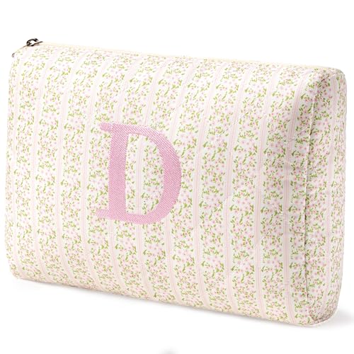 HBselect Initial Quilted Makeup Bag, Pink Cosmetic Travel Toiletry Bag, Flowers Coquette Zipper Make Up Pouch Organizer Teen Girl Gift Trendy Stuff D - color: 1Pc Medium Pinkflower, style: D