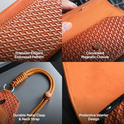 VULKIT Portable Leather Eye Glasses Case for Women & Men, Slim Sunglass Case, Unisex Eyeglass Case - color: Tangerine Rush With Lanyard