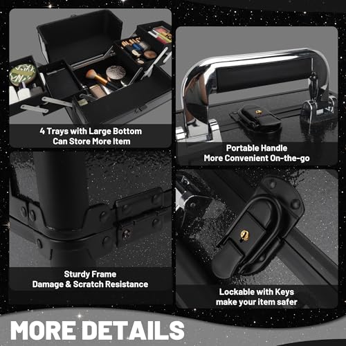 Makeup Train Case, 10.2 in Hard Vanity Makeup Box Organizer, Starry Black Cosmetic Organizer Case with 4 Trays, Lockable Portable Makeup Artist Travel Case for Nail Tech Supplies - color: Starry Black-S