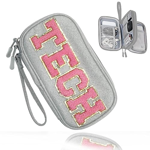 COSHAYSOO Electronics Accessories Organizer Bag with Chenille Letter Patch TECH for Women Travel Gifts, Traveling Essentials Compact Case Waterproof Must Have Pouch for Cord Charger Adapter (Gray) - color: Grey