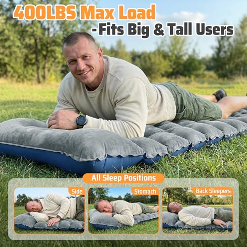 Sleeping Pad for Camping, Ultralight 4in Extra-Thick Camp Mat with Built-in Foot Pump & Pillow, Compact Camp Air Mattress for Backpacking, Hiking, Tent, Car, Travel Gear Gift - color: Crystal Velvet Grey+blue Nylon