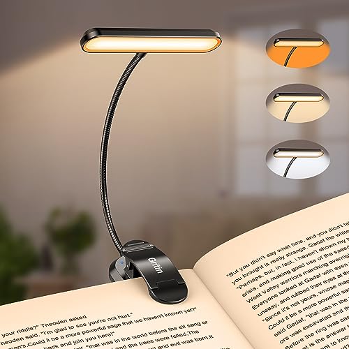 Gritin Rechargeable Book Light for Reading in Bed with 19 LED &Memory Function-Eye Caring 3 Color Temperatures,5 Brightness Levels,90 Hrs Runtime Flexible Goose Neck Clip on Light for Book Lovers - color: Black