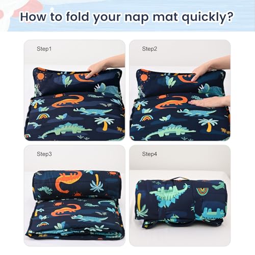PHF Soft Toddler Nap Mat with Removable Pillow, Rollup Design Kids Sleeping Mat, Slumber Bags for Boys, 55"x23" Toddler Sleeping Bag for Daycare Preschool Travel Camping, Large Navy Dinosaur - color: Large Navy Dinosaur