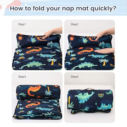 PHF Soft Toddler Nap Mat with Removable Pillow, Rollup Design Kids Sleeping Mat, Slumber Bags for Boys, 55"x23" Toddler Sleeping Bag for Daycare Preschool Travel Camping, Large Navy Dinosaur - color: Large Navy Dinosaur