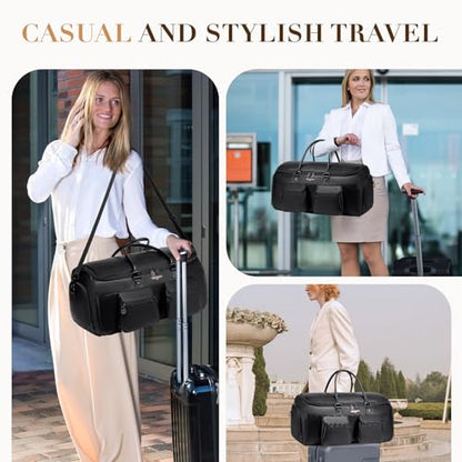 Leather Duffle Bags for Men, Vessgra 2 in 1 Suit Bag Travel 56L Duffel Bags for Traveling PU Leather Garment Bag with Shoe Compartment,Travel Carry on Bag, Weekender Bussiness Wedding,Black - color: Black