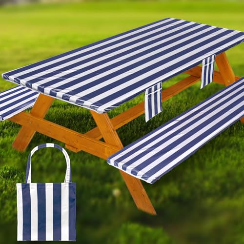 Fitted Picnic Table Cover with Bench Covers Waterproof Elastic Edges Rectangle Patio Tablecloth Outdoor Camping Essentials Stuff Rv Accessories Summer Trip Travel Supplies Party Camper Gifts, 6 ft - color: Blue White Stripes, size: 72in