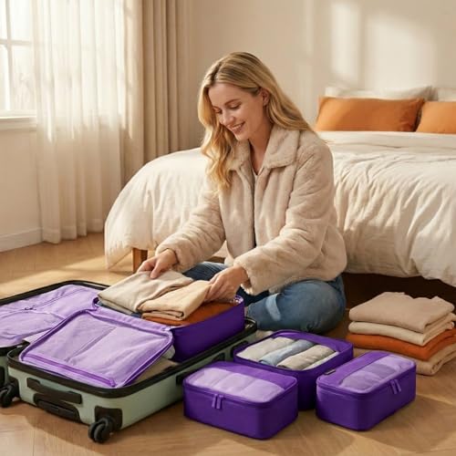 4 Piece Compression Packing Cubes for 3–7 Day Travel, Space Saving Travel Organizers with Breathable Mesh, Double-Zipper Packing Cubes for Carry-On & Suitcases (Lavender) - color: Lavender
