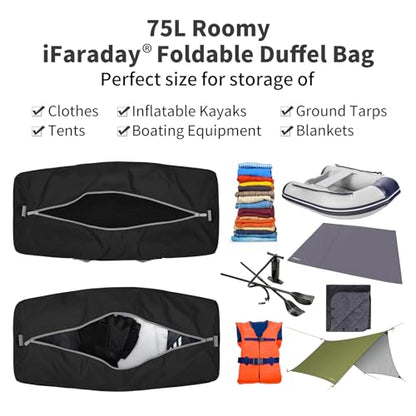 iFARADAY Foldable Duffel Bag 30 inch 75L Large Lightweight Luggage for Travel Camping Storage-Black - color: Black-75L(with shoulder strap)