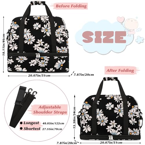 Travel Duffle Bags With Shoes Compartment for Women Men Daisy Flower Floral Black Lightweigh Sports Tote Gym Bag Foldable Canvas Weekender Overnight Carry On Luggage Handle Bag - color: print 2