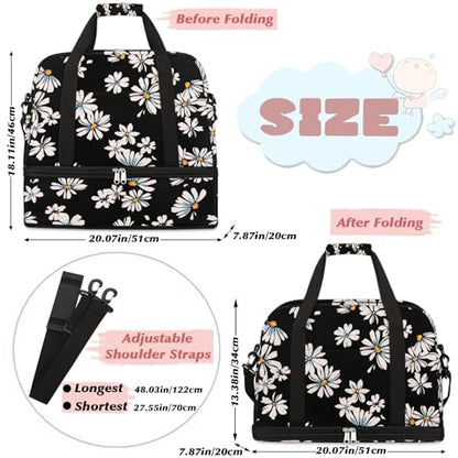 Travel Duffle Bags With Shoes Compartment for Women Men Daisy Flower Floral Black Lightweigh Sports Tote Gym Bag Foldable Canvas Weekender Overnight Carry On Luggage Handle Bag - color: print 2