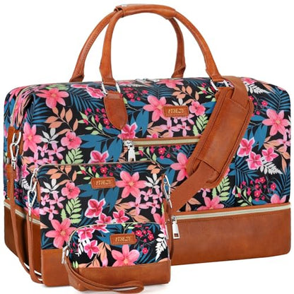 ITIEZY Weekender Overnight Bag for Women - Large Travel Duffel Bag with Shoe Compartment, Gym Duffel Bag Hospital Bag Carry On Tote Bags for Airplanes with Crossbody Bag Toiletry Bag 3Pcs Set - color: 9-Black Fower