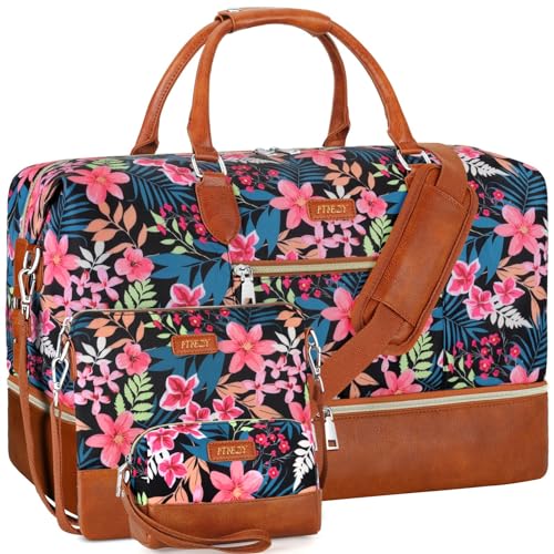 ITIEZY Weekender Overnight Bag for Women - Large Travel Duffel Bag with Shoe Compartment, Gym Duffel Bag Hospital Bag Carry On Tote Bags for Airplanes with Crossbody Bag Toiletry Bag 3Pcs Set - color: 9-Black Fower