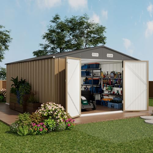 Devoko 10x14 FT Outdoor Storage Shed, Large Metal Storage Sheds with Lockable Door, Utility Garden Tool Shed with Sloping Roof, Outside Steel Storage Sheds for Patio Lawn Backyard, Brown - color: Brown, size: 10x14 FT without Floor Frame