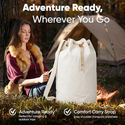Handy Laundry Canvas Duffel Bag - Drawstring, Leather Closure, Shoulder Strap