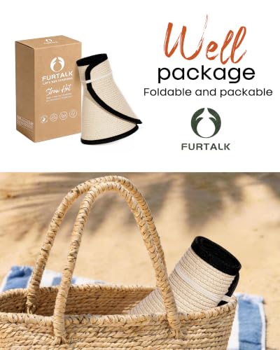 FURTALK Sun Hats for Women Wide Brim Beach Hat Straw Visor Ponytail Summer UV Packable Foldable Beach Vacation Essentials - color: Beige With Black