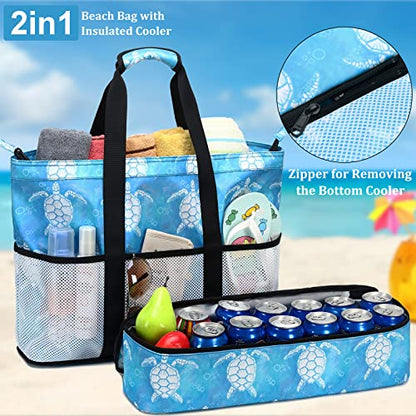JIANYA Beach Bag Women Waterproof Sandproof Beach Tote Bags with Cooler Top Zipper Large Totes for Pool Travel Daily - color: Bubble Sea Turtle