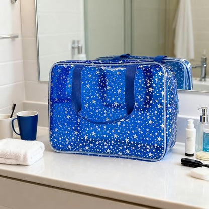 Dark Blue Clear Star Large Cosmetic Bag and Travel Pouch with Handle,Durable Material,Zipper Design-Ideal for Makeup,Travel Essentials (Dark Blue) - color: Dark Blue