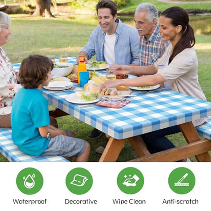 Picnic Table Cover with Bench Covers, Fitted 6ft Waterproof Tablecloth Set for Outdoor Camping & RV - Includes 1 Table Cover & 2 Bench Covers with Drawstring Storage Bag, 30"x72", White Blue Grid - color: White Blue Grid