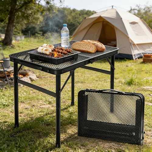 Gawerk Folding Portable Camping Grill Table, Lightweight Adjustable Height Metal Aluminum Picnic Table with Heat-Resistant Mesh Top for Outdoor, Barbeque, Camping & Travel, 24" x 16", Black