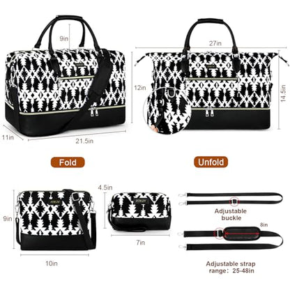 ITIEZY Weekender Overnight Bag for Women - Large Travel Duffel Bag with Shoe Compartment, Gym Duffel Bag Hospital Bag Carry On Tote Bags for Airplanes with Crossbody Bag Toiletry Bag 3Pcs Set - color: 8b-Black