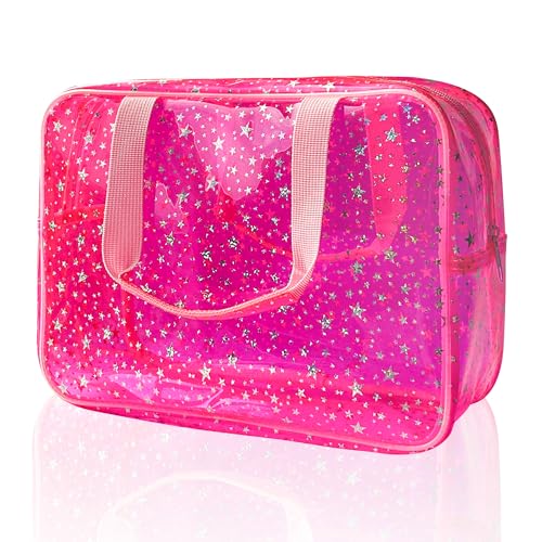 Hot Pink Star Large Cosmetic Bag 12x5x8 inch Travel Pouch with Handle,Durable PVC Material,Zipper Design-Ideal for Makeup,Travel Essentials - color: Pink