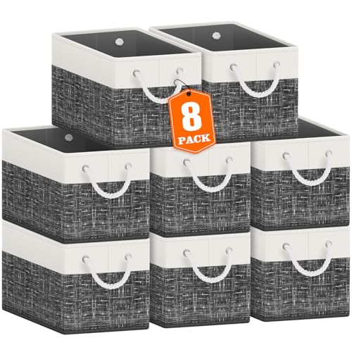 Fab totes Storage Bins 8-Pack, Foldable Storage Baskets for Organizing Toys, Books, Shelves, Closet, Large Storage Box with Rope Handles, Sturdy Organizer Bins, White & Black - color: White & Black, size: 8pack