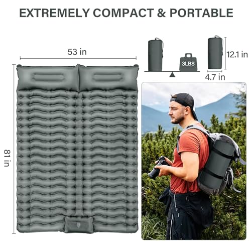 Yuzonc Double Camping Sleeping Pad – 4" Ultra-Thick Foot-Pump Design, Lightweight 2-Person Inflatable Sleeping Mat with Pillow for Backpacking, Hiking, Travel, Tent – Gray - color: Grey