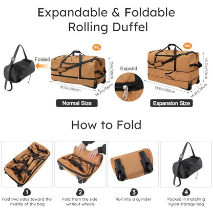 32" Soft-Sided Foldable Wheeled Duffle Bag, 110L Expandable 140L Rolling Travel Bag with Matching Storage Pouch, Updated Brown - color: Brown
