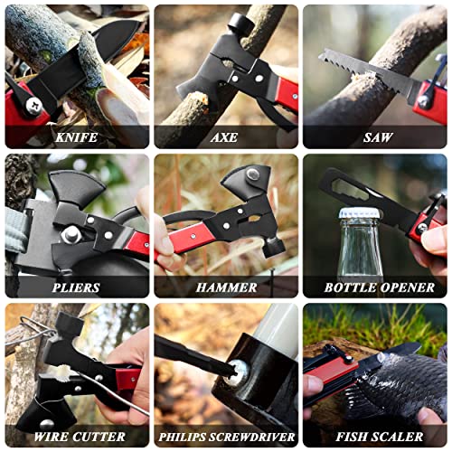 RoverTac 14-in-1 Multitool Camping Axe Hatchet – Essential Camping Gear with Knife, Hammer, Saw, Bottle Opener, Screwdriver – Multi Tool with Sheath – Gifts for Men, Dad, and Outdoor Adventures - color: Red