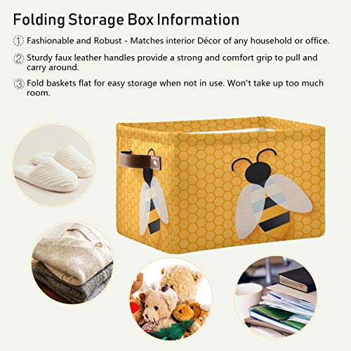 Cute Bee Square Storage Basket Bin Canvas Fabric Compressible Organizer Basket with Handle for Bedroom Nursery Office, 1PCS - color: Bee 1